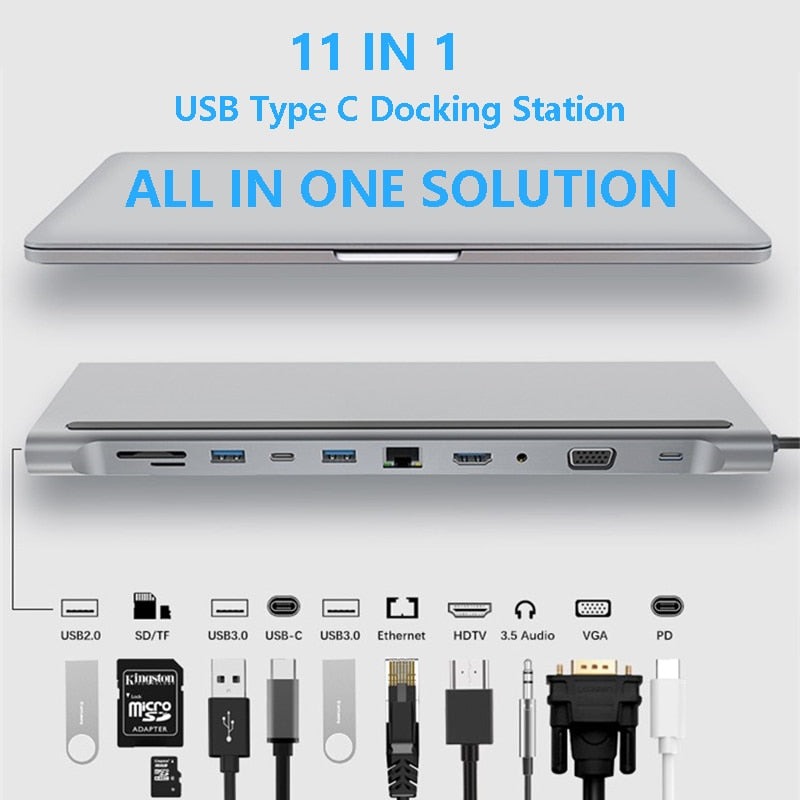 11-in-1 USB 3.0 Laptop Hub & Docking Station | Multi-Port Adapter | No External Power | MacBook, Windows & USB-C Laptops
