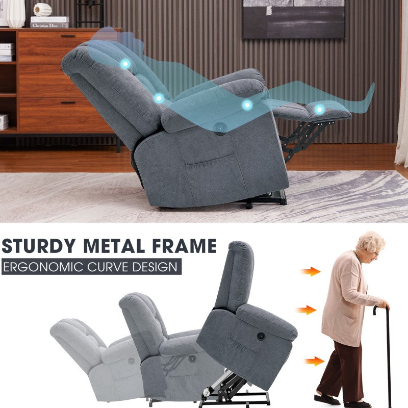 Electric Recliner Sofa Chair with 8-Point Massage, Shake & USB | Fabric, Wooden Frame, Blue, 8 Configurations