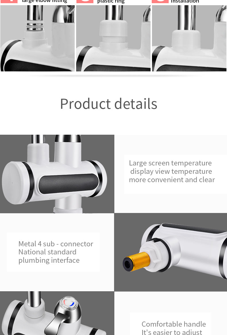Instant Electric Water Heater Tap | 3000W | 10L | Digital Temperature Display | Water-Electric Separation | EU & US Plug | White