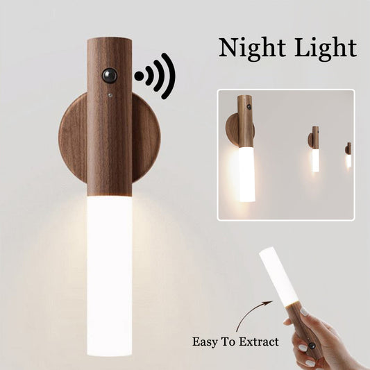 PIR Motion Sensor LED Night Light | Magnetic Wood Base | USB Rechargeable | 4m Detection | Warm White | Ash & Walnut
