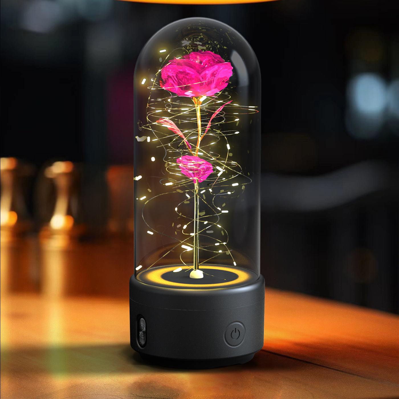 2-in-1 Eternal Rose LED Light & Bluetooth Speaker | Glass Dome | Handmade Preserved Flower | Copper Wire LED | HD Sound | Black & White Base | 5 Flower Colours | Valentine's & Gift