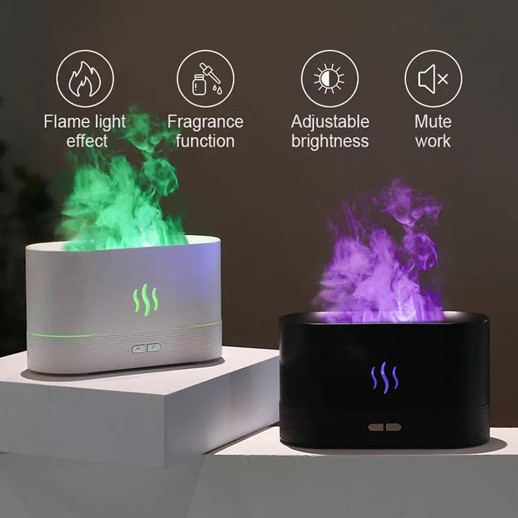 RGB Flame Ultrasonic Aromatherapy Humidifier & Essential Oil Diffuser | 7 Colours | 180ml | 9–12hr | USB | Black & White
