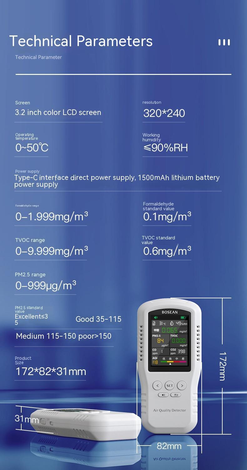 High-Precision Formaldehyde Detector & Indoor Air Quality Tester | 0.001mg/m³ Accuracy, 320×240 Display