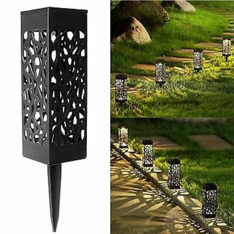 Solar Garden Pathway Stake Lights | Hollow-Carved Shell | 2LM | 3000K & Cool White | 300mAh | 4–10hr Runtime | Auto Dusk-to-Dawn | Waterproof | 6×6×28.5cm | 1–12pc Packs