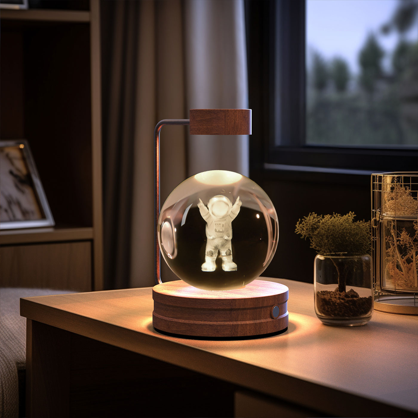3D Crystal Glass LED Night Light | Touch Switch | USB Rechargeable | Walnut Wood Base | 27 Designs | Dark & Light Wood | Bedroom, Gift & Home Decor