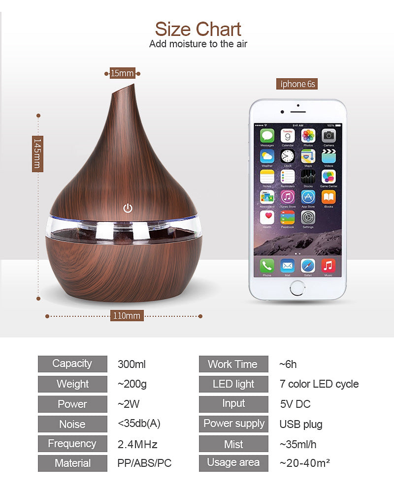 Ultrasonic LED Essential Oil Diffuser & Humidifier | Wood Grain | <1L | USB | ABS+PP | Single & Bundle Sets