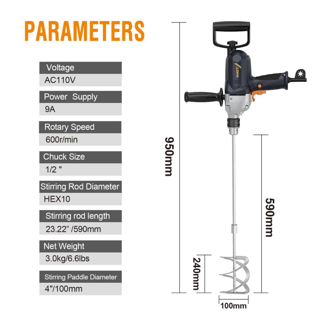MAXXT 1050W Electric Corded Drill Mixer | 9A Motor, 0-600 RPM, 1/2" Chuck, Cement, Mud & Paint Mixer