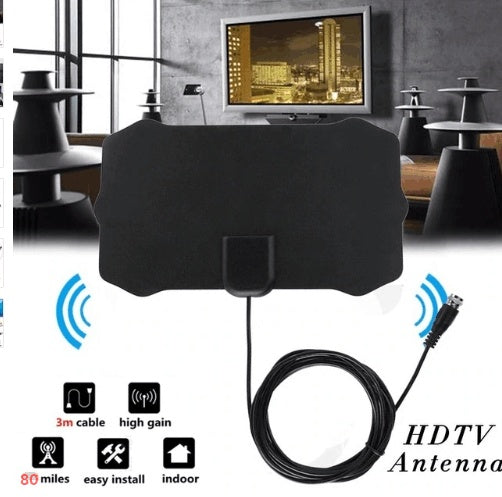 DVB-T2 Indoor HDTV Digital TV Antenna | 1080p | 80-Mile Range | 10dB Gain | 3m Cable | F-to-IEC Adapter | 140×240mm | EU, US & Japan | Single, Twin & Amplified