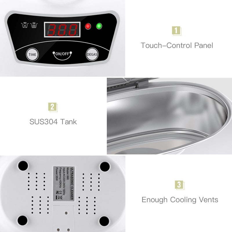 Ultrasonic Jewellery & Household Cleaner | 40KHz | Digital Control | 20.6×15.2×13.2cm | EU & US Plug | White Blue & White Grey