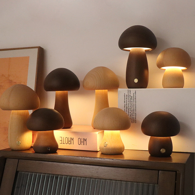 Wooden Mushroom LED Night Light | 2.4W | Touch Switch | 165×100mm | Beech & Walnut | 4 Styles | Bedroom, Kids Room & Home Decor