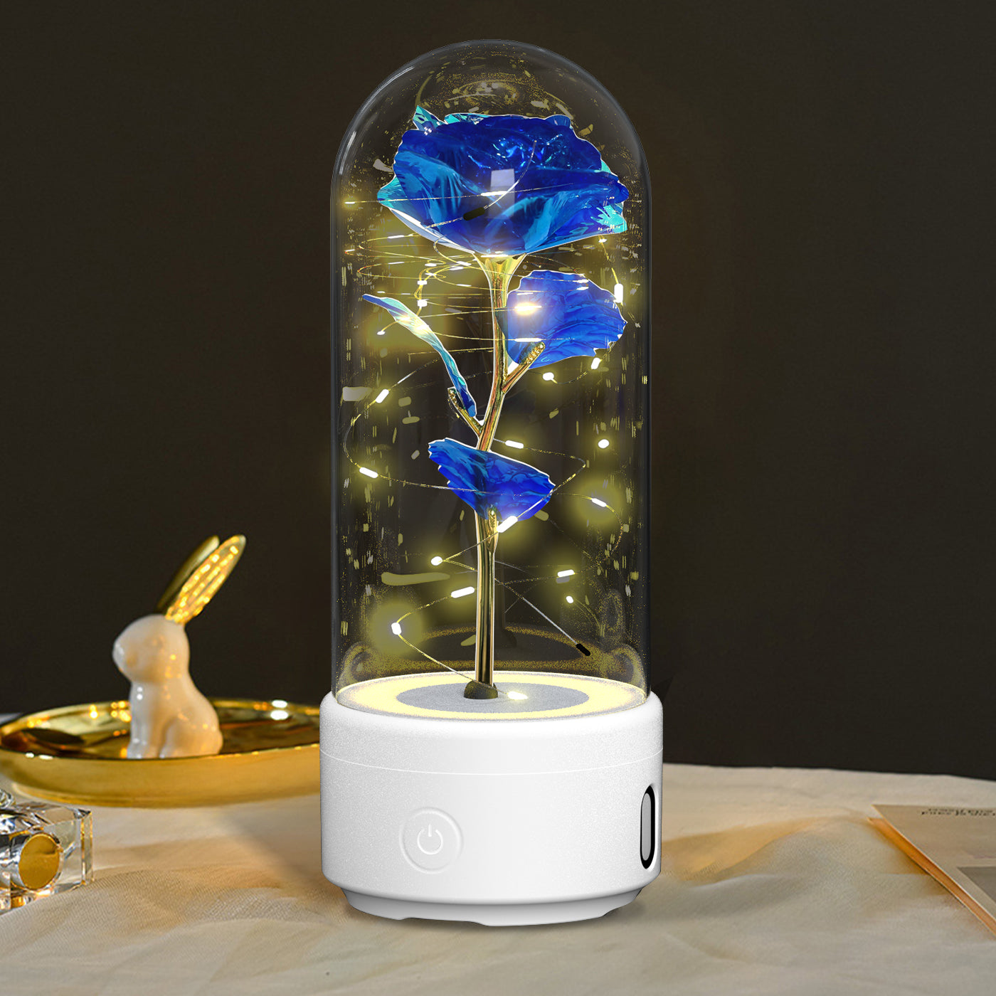 2-in-1 Eternal Rose LED Light & Bluetooth Speaker | Glass Dome | Handmade Preserved Flower | Copper Wire LED | HD Sound | Black & White Base | 5 Flower Colours | Valentine's & Gift