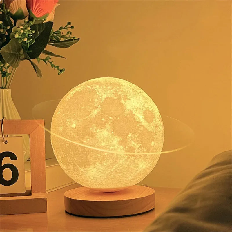 3D Rotating Moon Lamp | PLA + Oak Base | Remote & Touch Control | 3 Colour Modes | 360° Rotation | USB | 12cm, 15cm & 18cm | Home, Bedroom & Gift