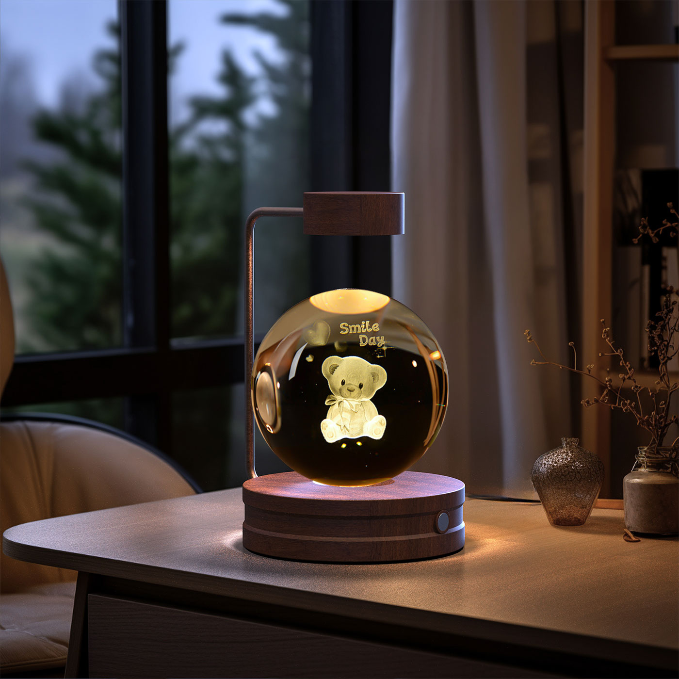 3D Crystal Glass LED Night Light | Touch Switch | USB Rechargeable | Walnut Wood Base | 27 Designs | Dark & Light Wood | Bedroom, Gift & Home Decor