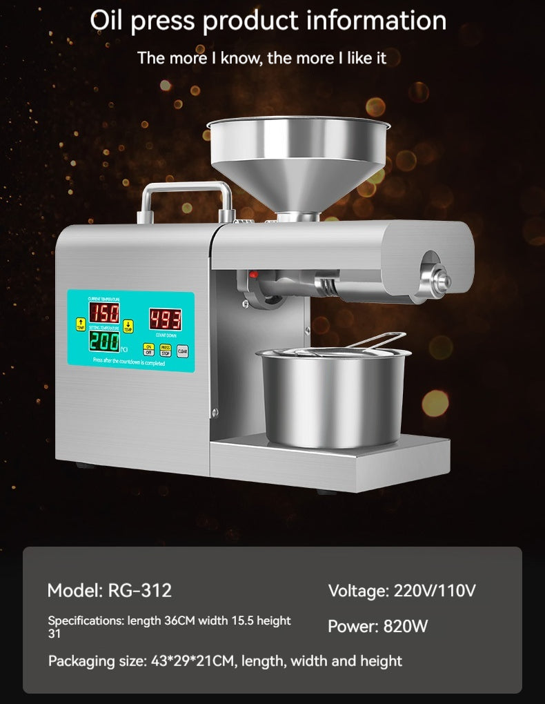 Xiangwei 820W Household Electric Oil Press | RG-311 & RG-312 Digital Display, 5L, 220V/110V, AU/EU/UK/US Plug
