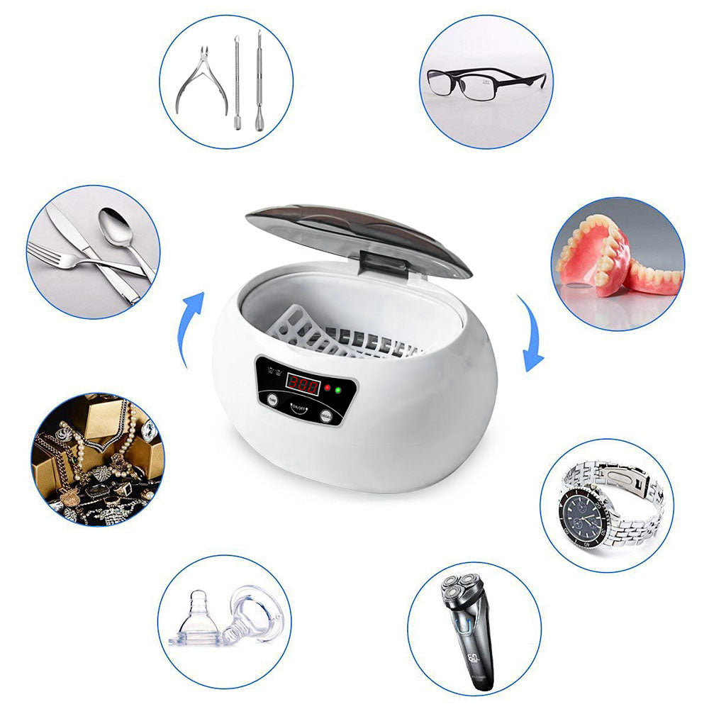 Ultrasonic Jewellery & Household Cleaner | 40KHz | Digital Control | 20.6×15.2×13.2cm | EU & US Plug | White Blue & White Grey