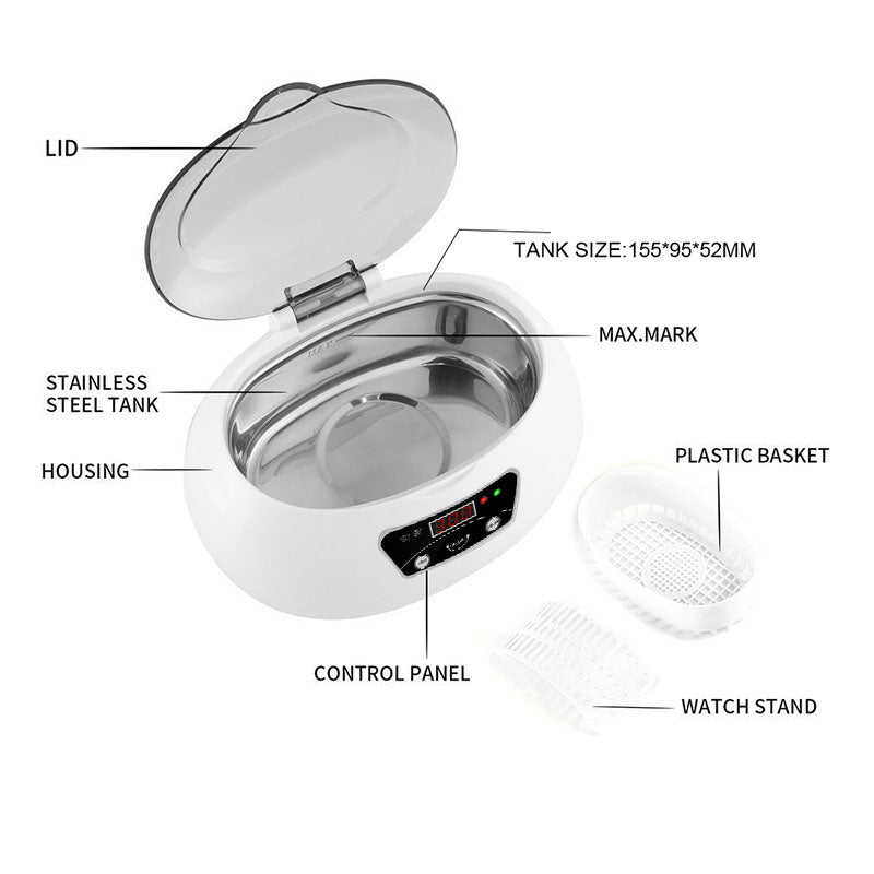 Ultrasonic Jewellery & Household Cleaner | 40KHz | Digital Control | 20.6×15.2×13.2cm | EU & US Plug | White Blue & White Grey