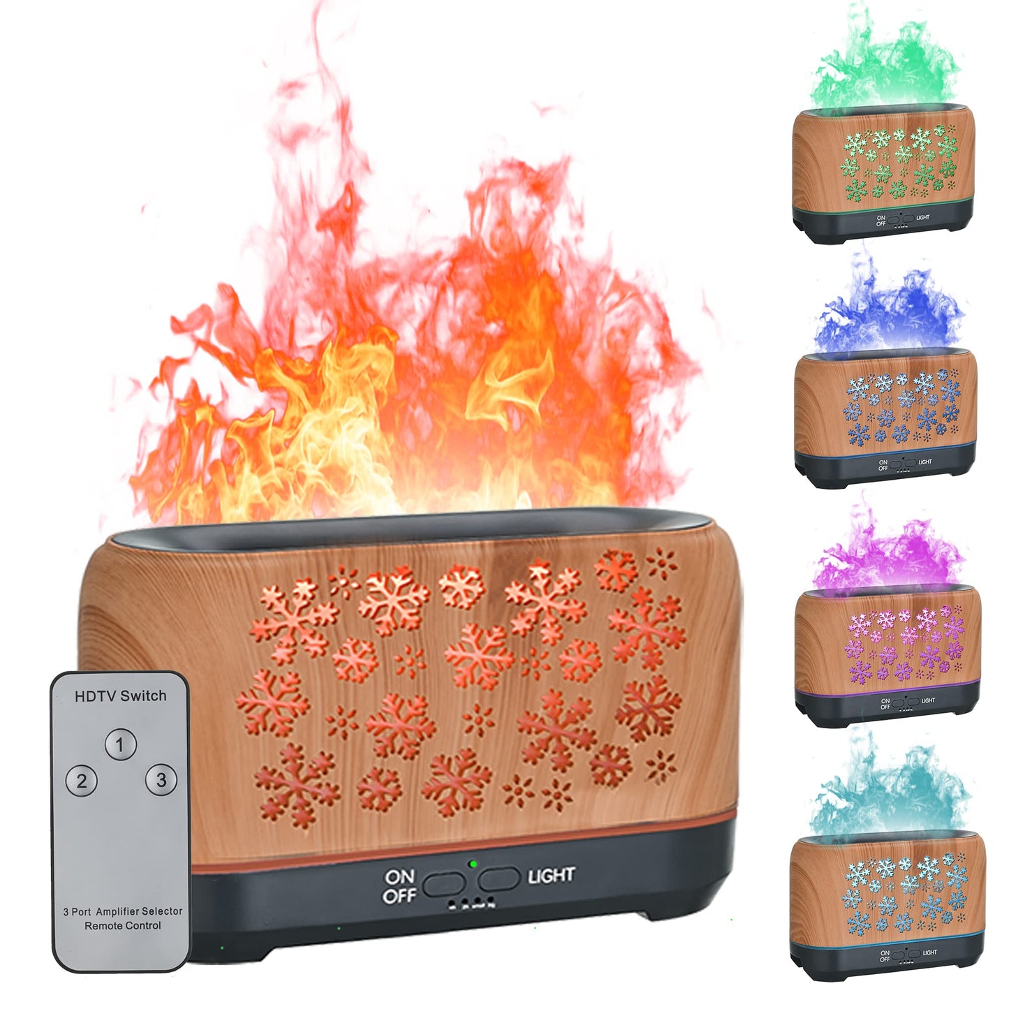 7-Colour Flame Effect Aromatherapy Diffuser & Humidifier | 8W | Wood Grain | Essential Oil | Remote Control | EU, UK & US Plug
