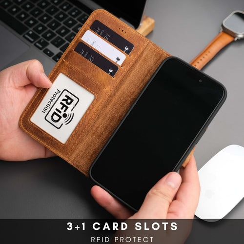 Leather MagSafe Wallet Case for iPhone 16 Pro – Full-Grain with RFID Blocking