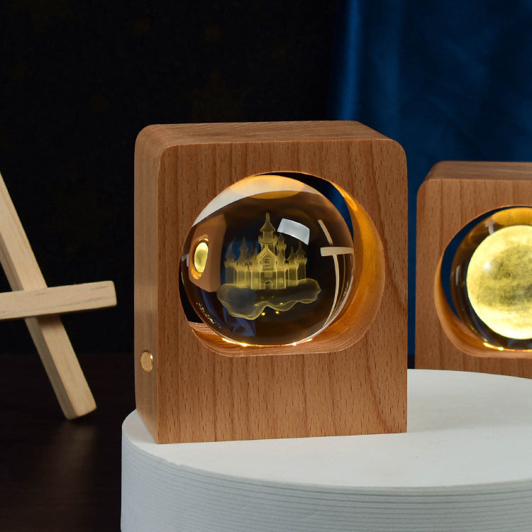 3D Laser-Engraved Crystal Ball Night Light | 6cm | Beech Base | USB & Built-In Battery | Stepless Dimming | Touch Switch | 8 Designs | Bedroom, Desk & Gift Decor