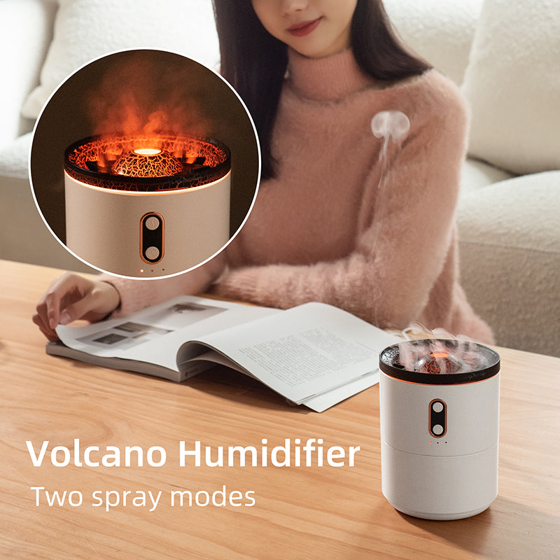 Volcanic Flame Aromatherapy Humidifier & Essential Oil Diffuser | USB | Dual Mist | 2–8hr Timer | Night Light | White