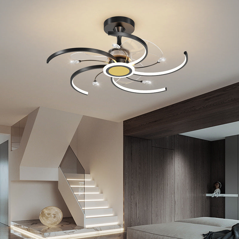 Modern Iron Black Gold LED Ceiling Fan Chandelier | Stepless Dimming, 4/5/6 Heads, 68-108cm, 220V, 15-30㎡