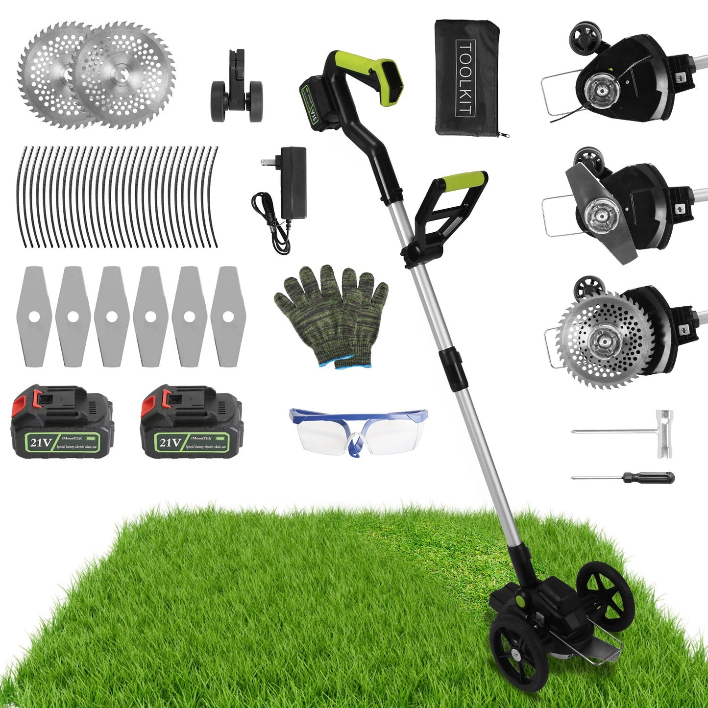 21V Cordless Brushless Grass Trimmer & Weed Edger | 16,800 RPM, 3-Blade Types, 2 Batteries, Telescopic Pole