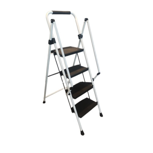 4-Step Folding Steel Ladder Stool | Anti-Slip Wide Pedals, Safety Handle, Multi-Purpose, White