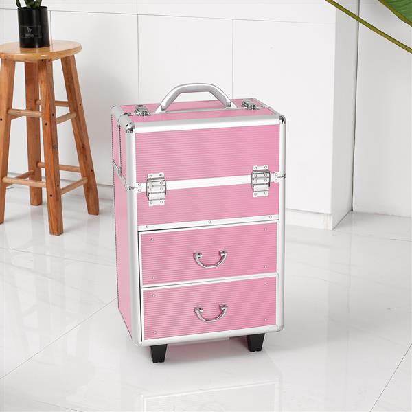 Professional Aluminum Makeup Train Case | 9 Drawers, Lockable, Adjustable Handle, Travel MUA Case, Pink