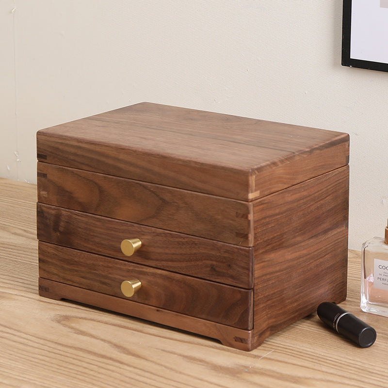 Pull-Out Double-Layer Solid Wood Cosmetic Storage Cabinet | Paulownia, Brass & Tempered Glass, Black Walnut