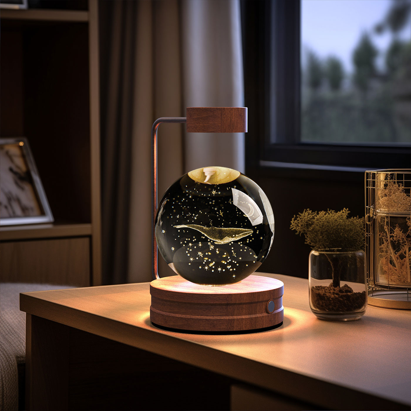 3D Crystal Glass LED Night Light | Touch Switch | USB Rechargeable | Walnut Wood Base | 27 Designs | Dark & Light Wood | Bedroom, Gift & Home Decor