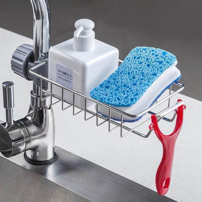 Clip-On Sink Faucet Sponge & Utensil Holder | No Drill | 17.5×9.5×11.5cm | 2-in-1 Detachable Hook | Adjustable Clamp | 201 SS, 304 SS, Black & White Iron | Kitchen & Bathroom
