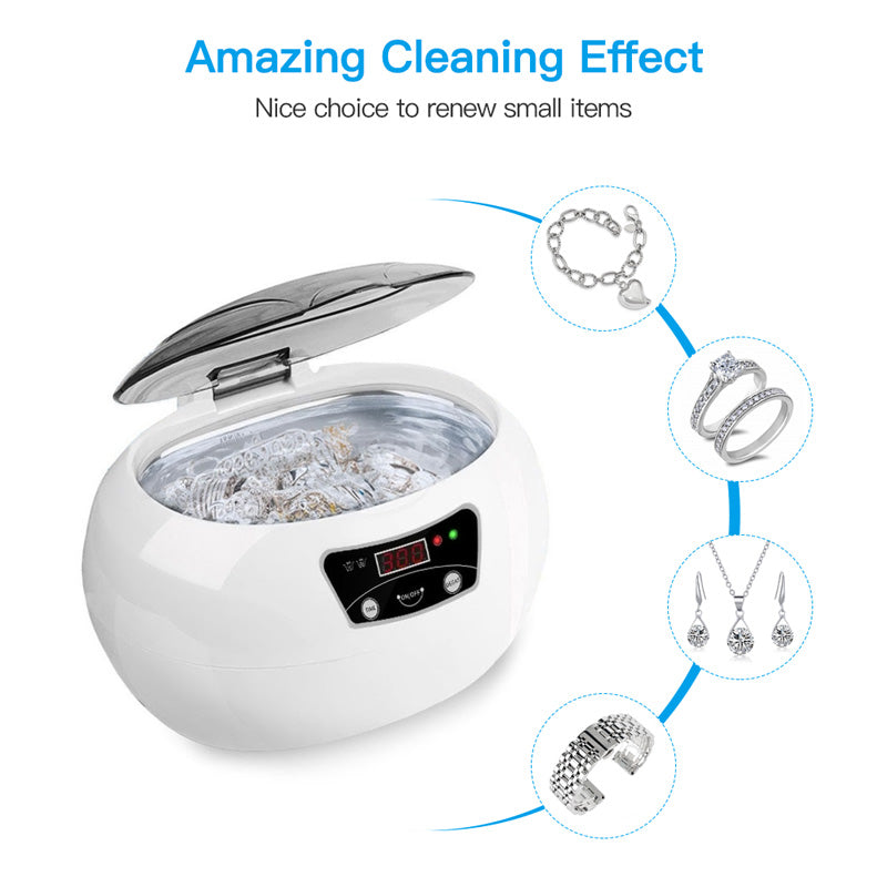 Ultrasonic Jewellery & Household Cleaner | 40KHz | Digital Control | 20.6×15.2×13.2cm | EU & US Plug | White Blue & White Grey