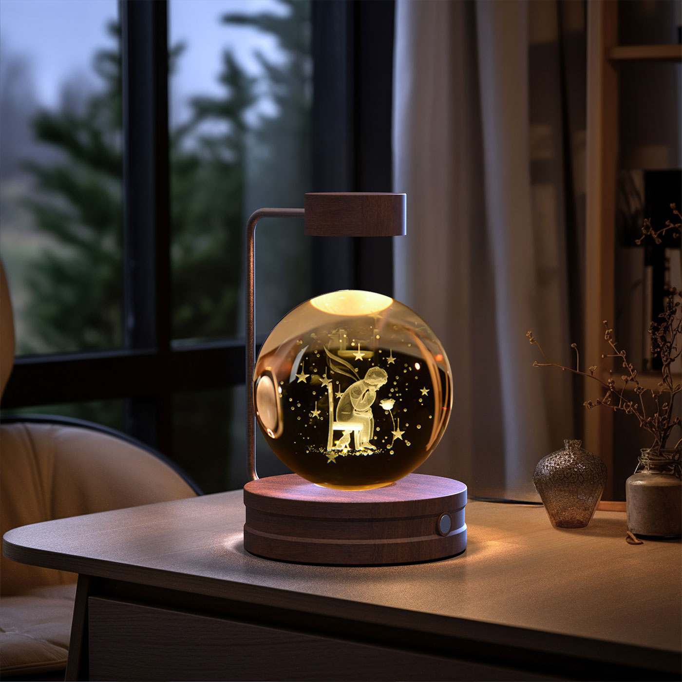 3D Crystal Glass LED Night Light | Touch Switch | USB Rechargeable | Walnut Wood Base | 27 Designs | Dark & Light Wood | Bedroom, Gift & Home Decor