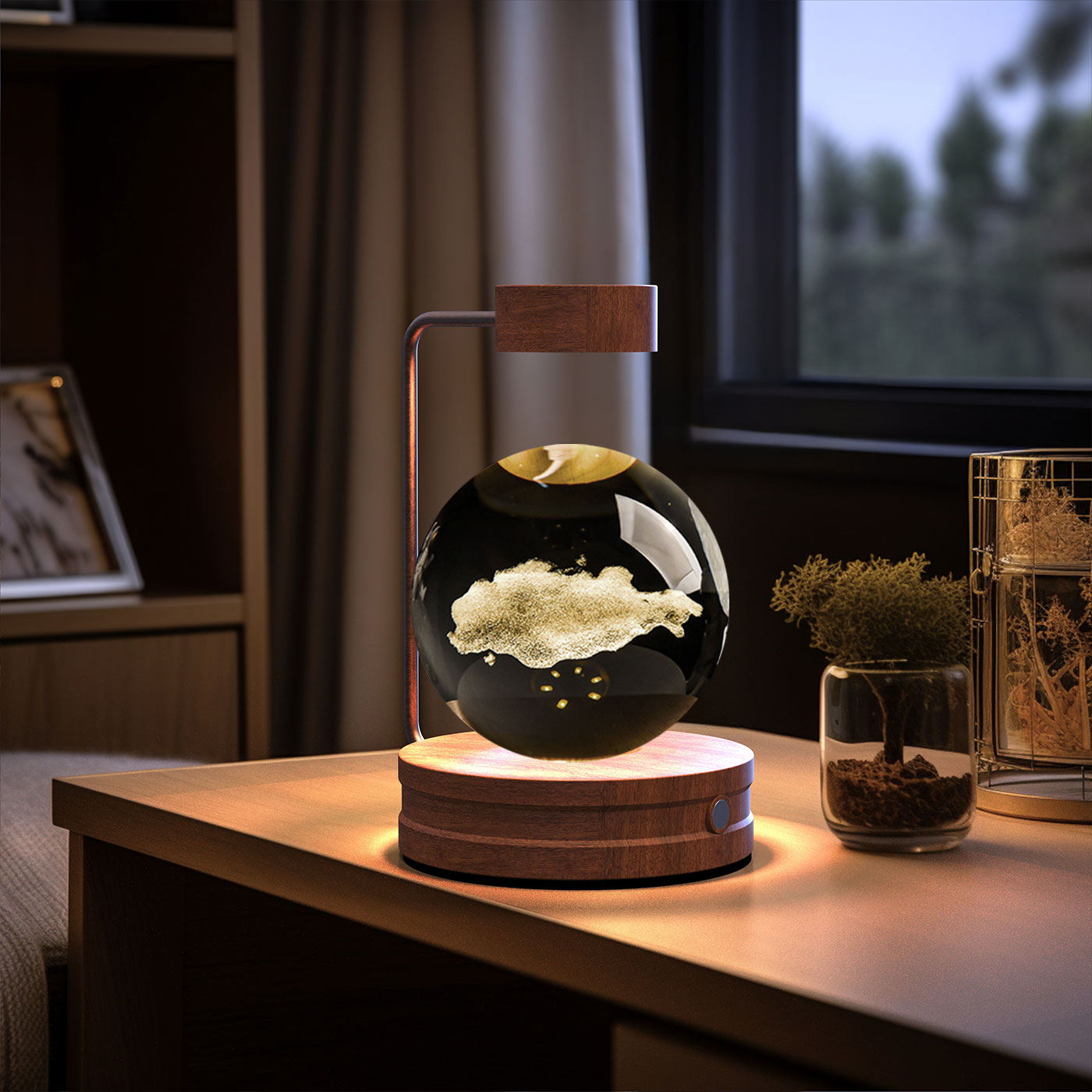 3D Crystal Glass LED Night Light | Touch Switch | USB Rechargeable | Walnut Wood Base | 27 Designs | Dark & Light Wood | Bedroom, Gift & Home Decor