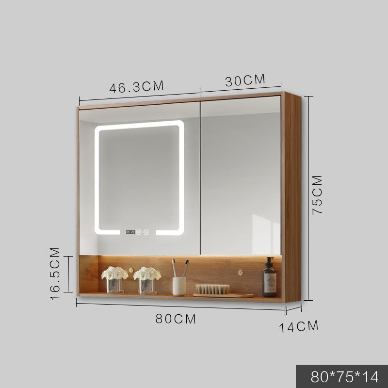 Solid Wood Wall-Hung Bathroom Mirror Cabinet | LED Light, Anti-Fog, Built-in Storage, 9 Sizes, Grey & Wood