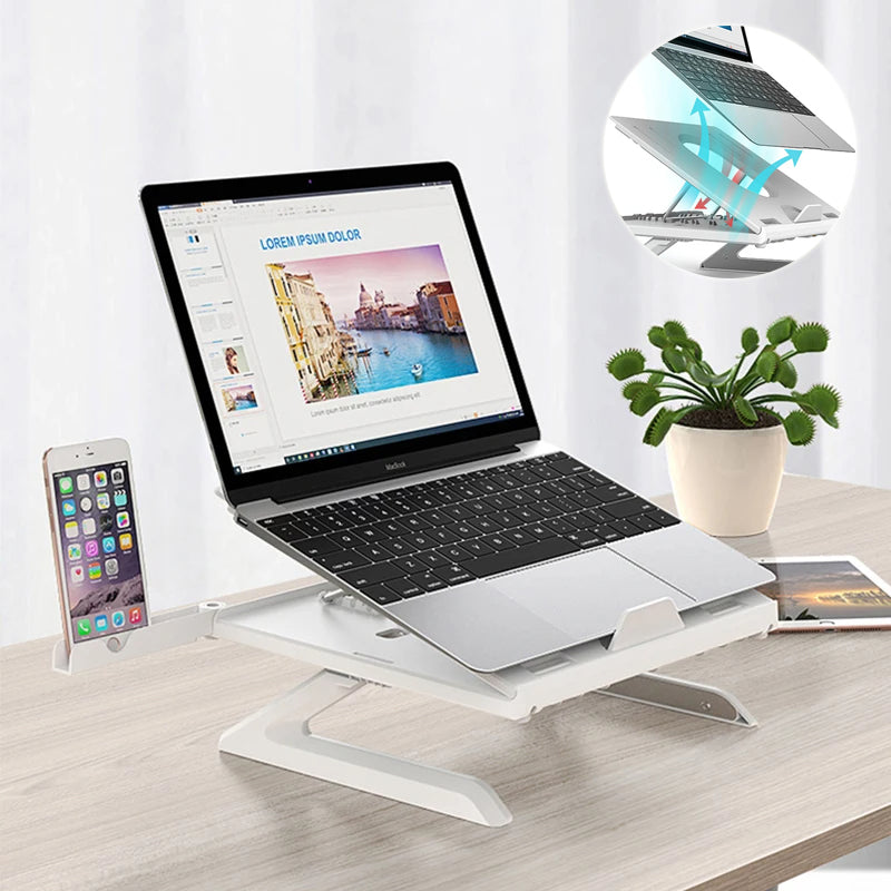3-in-1 Aluminium Laptop Stand | 9-Level Angle | Dual Phone Holders | Keyboard Storage | Cooling Vent | 10–15.6” | 10kg Load | Black & White
