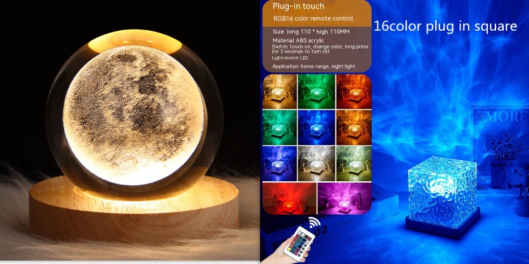 LED Water Ripple Rotating Projection Night Light | 3W | 16 Colours | Remote & APP | USB | 110×110mm | ABS + Acrylic | Square & Crown | Bedroom, Living Room & Gift