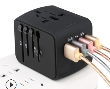 Universal Travel Adapter with USB Charging | 170+ Countries | 100–250V | 1500W | 5V/3.7A USB | CE/RoHS/FCC | 66×53×52mm | Black, Blue & Green