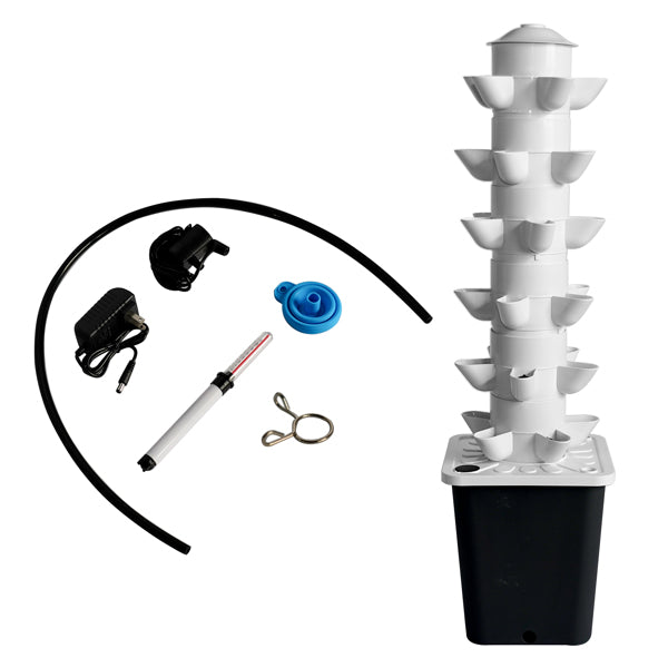 30-Plant Vertical Tower Hydroponic Growing System | Auto Watering, Water Pump, Indoor & Outdoor, Black & White