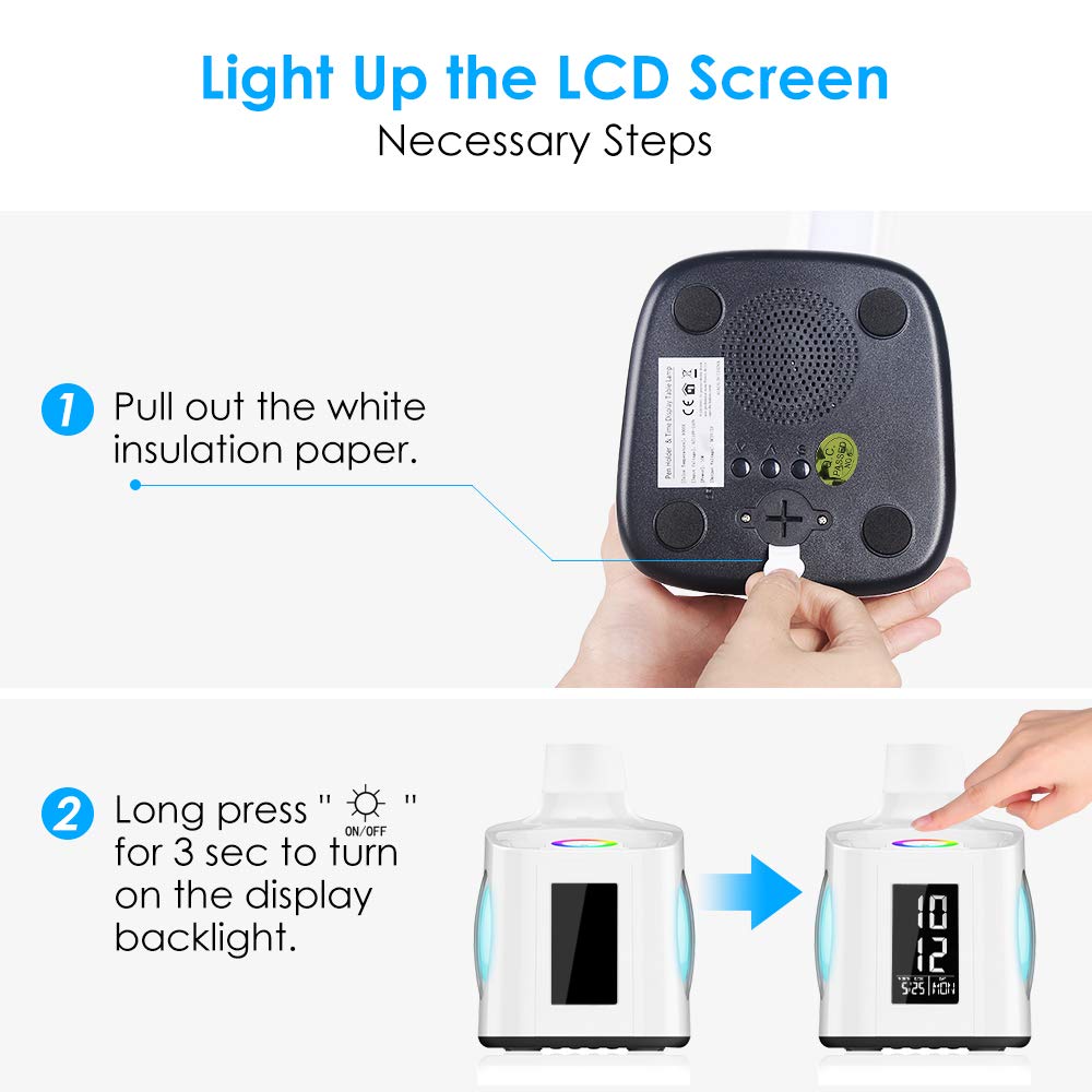 7-in-1 LED Desk Lamp | 8W | USB Charging Port | 256-Colour Base | Clock, Calendar & LCD | Pen Holder | Gooseneck | 3-Level Dimming | White
