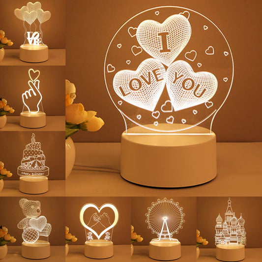 3D Illusion Acrylic LED Night Light | USB | 110–240V | Warm White | 12 Designs | I Love You, Ferris Wheel, Dinosaur, Rose & More | Bedroom, Gift & Home Decor