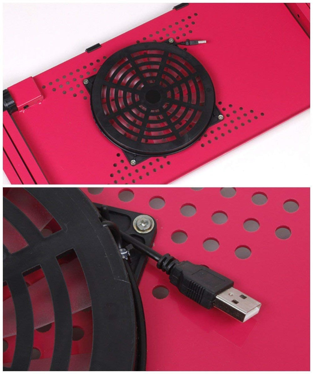 Adjustable Laptop Stand Desk with Cooling Fan & Mouse Pad | Aluminum-Magnesium, 360° Foldable | Ergonomic | Black & Red