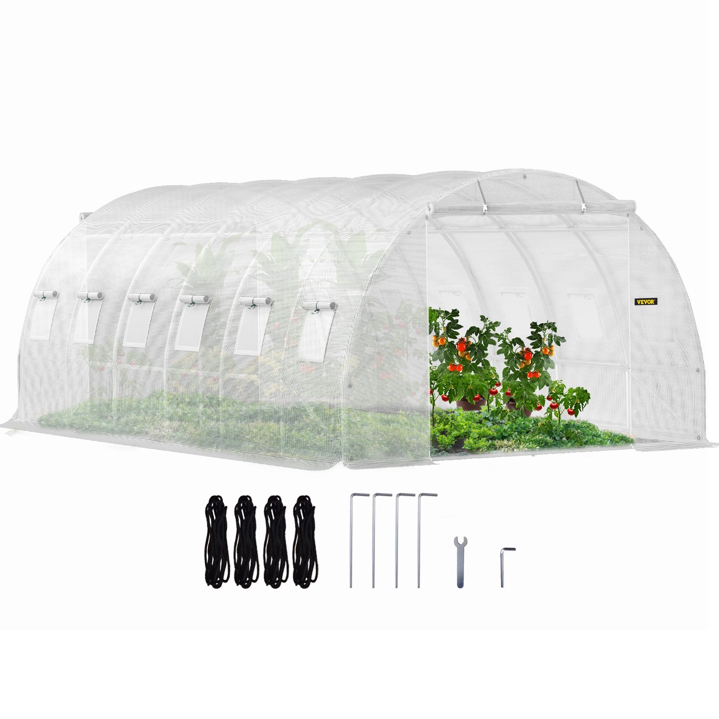 VEVOR 20'×10'×7' Walk-In Tunnel Greenhouse | Galvanized Steel, 12 Roll-Up Windows, 2 Zippered Doors, White