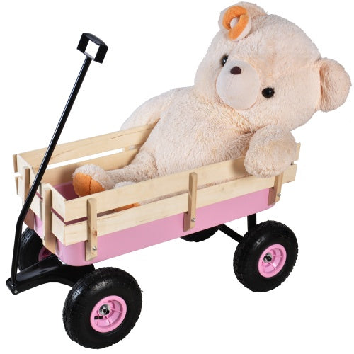 All-Terrain Garden Wagon Cart | 176 lbs, Wood Railing, 10" Air Tires, Foldable Handle, Blue/Pink/Red