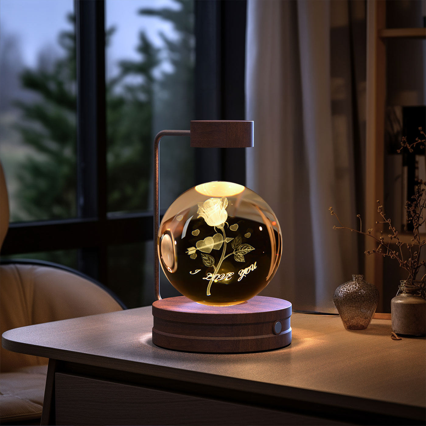 3D Crystal Glass LED Night Light | Touch Switch | USB Rechargeable | Walnut Wood Base | 27 Designs | Dark & Light Wood | Bedroom, Gift & Home Decor