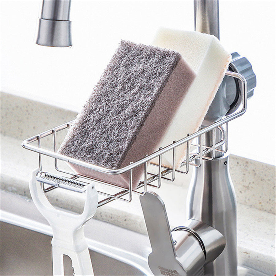 Clip-On Sink Faucet Sponge & Utensil Holder | No Drill | 17.5×9.5×11.5cm | 2-in-1 Detachable Hook | Adjustable Clamp | 201 SS, 304 SS, Black & White Iron | Kitchen & Bathroom