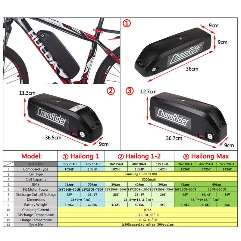E-Bike Lithium Battery Pack – 36V / 48V / 52V Hailong with BMS Protection