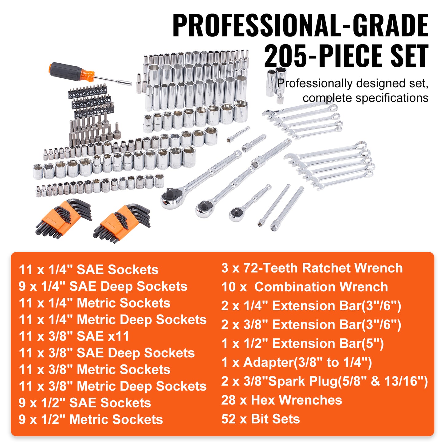 VEVOR 205-Piece Mechanics Tool Set | 1/4" 3/8" 1/2" Drive, SAE & Metric Sockets, Wrenches & Storage Case