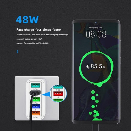 PBG 5-Port LED Wall Charger – Bundle with 4 XL 10ft Nylon iPhone Cables