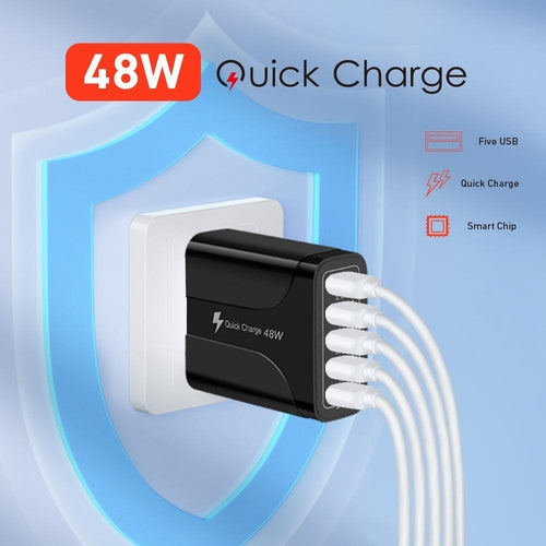 PBG 5-Port LED Wall Charger – Bundle with 4 XL 10ft Nylon iPhone Cables